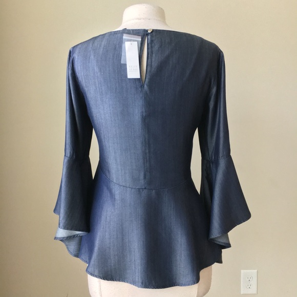denim chambray bell sleeves empire blouse top - Picture 2 of 4